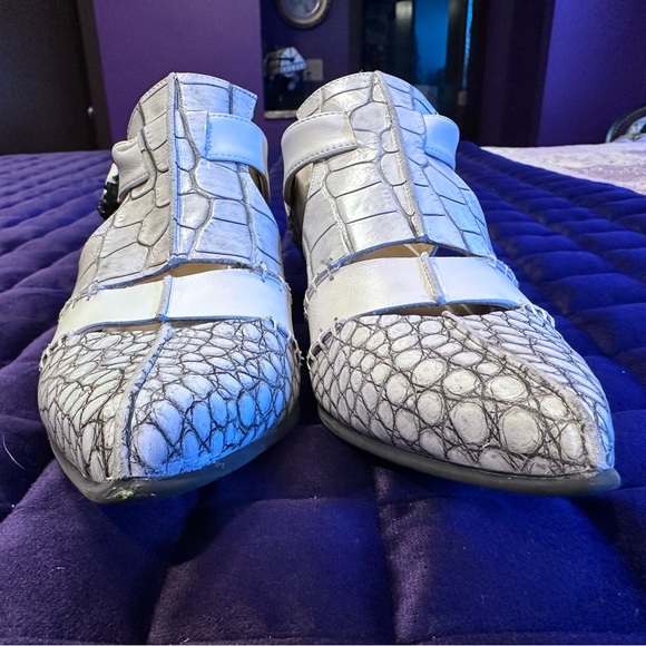 Fluevog Truth Alisha T-Strap Heel with Skull Buckle in White Croc 🤍🖤 - Picture 3 of 11